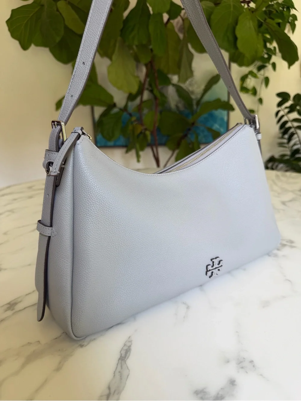 Tory Burch Thea Zip Top Leather Shoulder Bag Misty Cloud Gray